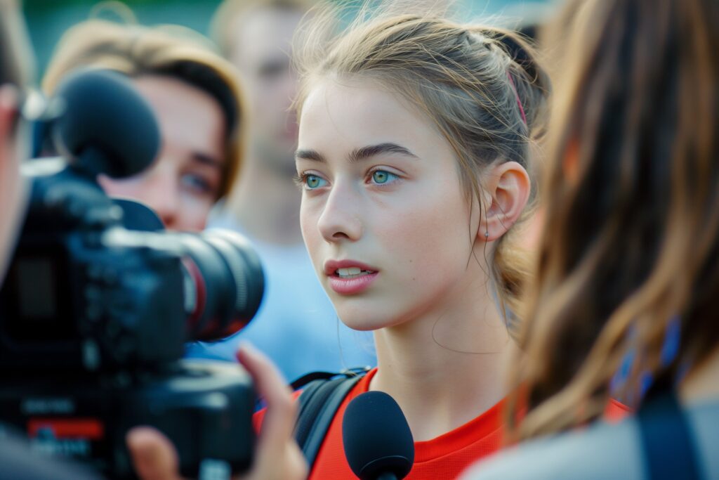 A young female athlete communicates with journalists and gives interviews